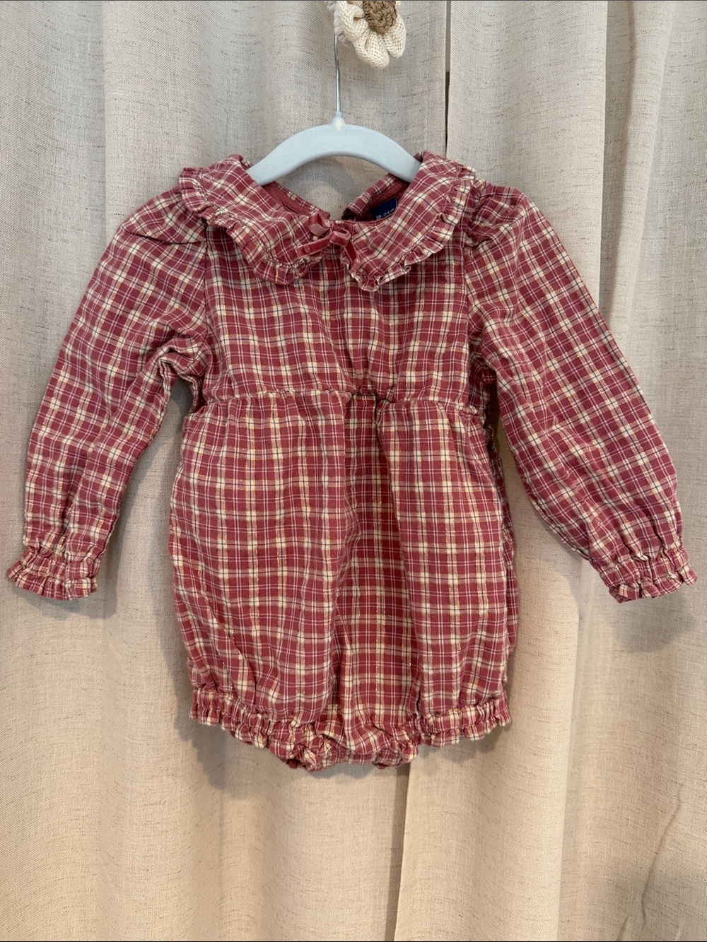 Old Navy Mauve and Cream Sparkle Plaid Baby Romper 18-24m